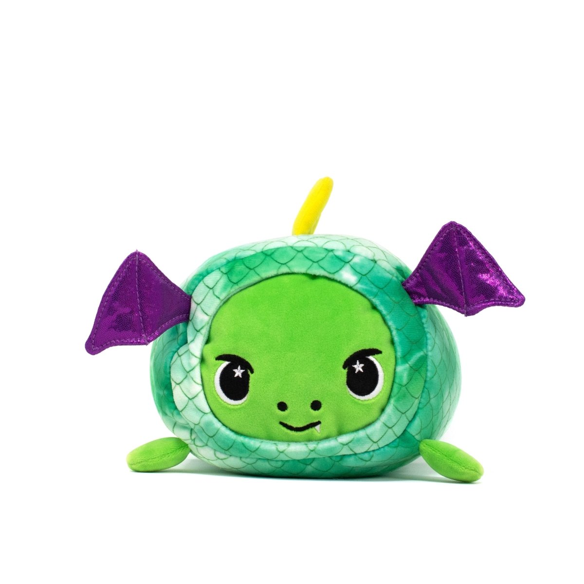 The Drac Slumber Plushie is a charming green stuffed animal with a dragon-like design, featuring snake-scale patterns, small purple wings, embroidered eyes, a yellow horn, and green feet—perfect as an adorable companion for any adventure.