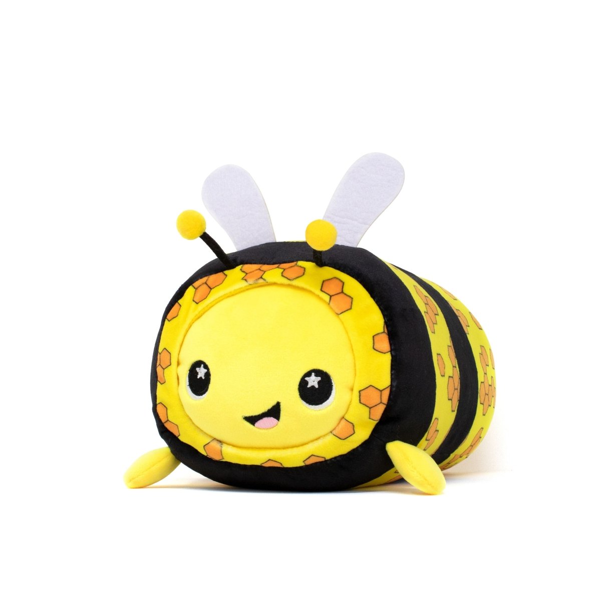 The Vee Slumber Plushie is a cute and whimsical toy featuring a round yellow face, starry eyes, and a smile. Its soft body includes hexagonal patterns, white antennae, and small wings for a cheerful bee design.