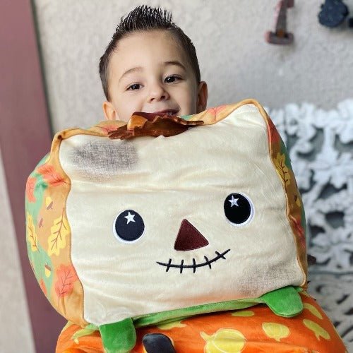 A young child smiles while wearing the Tatters the Scarecrow costume, featuring a plush, square face with star-shaped eyes and a stitched smile. The background is blurred, showing a wall and decor.