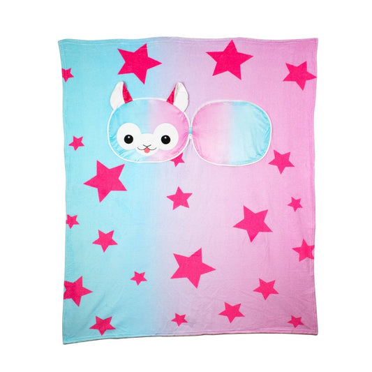 A soft, rectangular 2-in-1 Pillow Blanket โ Comet the Alpaca, featuring a blue-to-pink gradient, large pink stars, and a cute alpaca face with ears in one corner.
