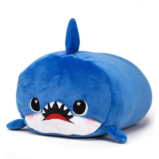 Introducing Azul the Shark Plushie: a round, plush toy with a blue body, white underbelly, small dorsal fin, big eyes with eyelashes, a sharp-toothed smile, and rosy pink cheeks.