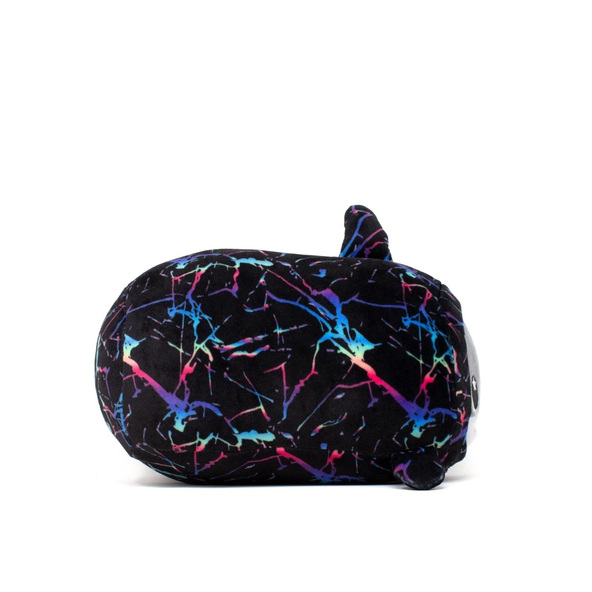 The Crush Slumber Plushie is an adorable round plush toy with small ears, covered in black fabric adorned with colorful neon paint splatter patterns. It has a minimalistic design and sits against a plain white background.