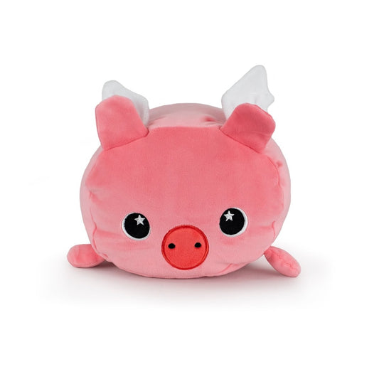 Barnaby the Flying Pig is a plush toy shaped like a pink pig with starry, round eyes, small wings on its back, and a round snout, set against a plain white background.