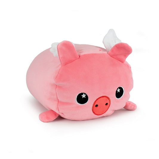 Barnaby the Flying Pig is a cute pink plush toy with big black eyes, small round nostrils, tiny legs, and white wings on its back, shown lying on a white background.
