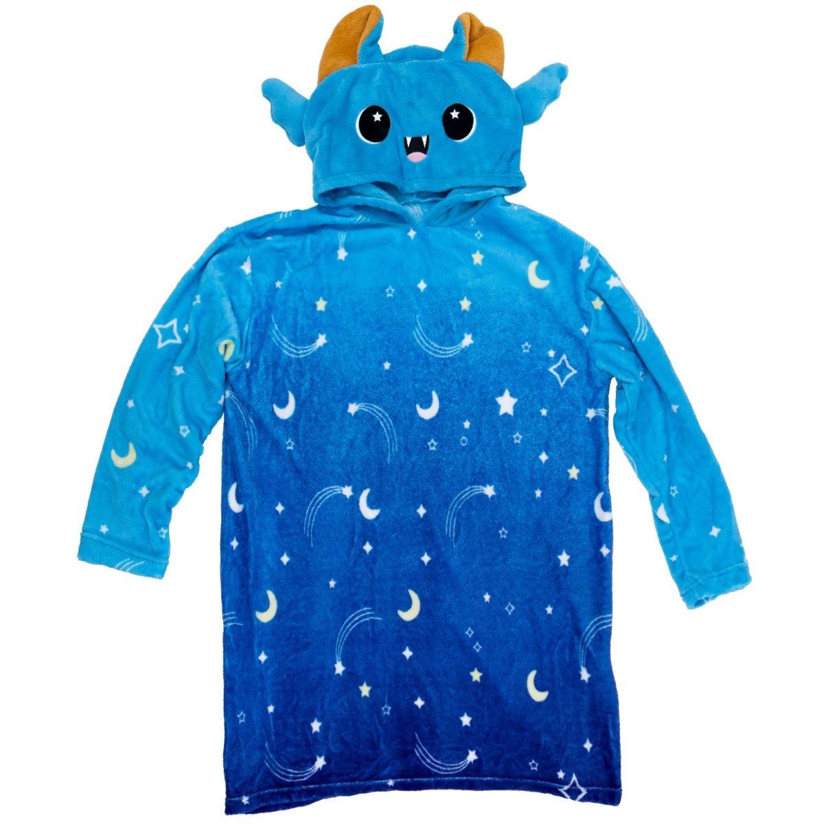 Meet the Hiso the Bat Hooded Blanket: a plush blue treasure with a charming monster face and horns on the hood, decorated with star, moon, and comet patterns transitioning from light to dark blue. It's cozy like your favorite plushie!.