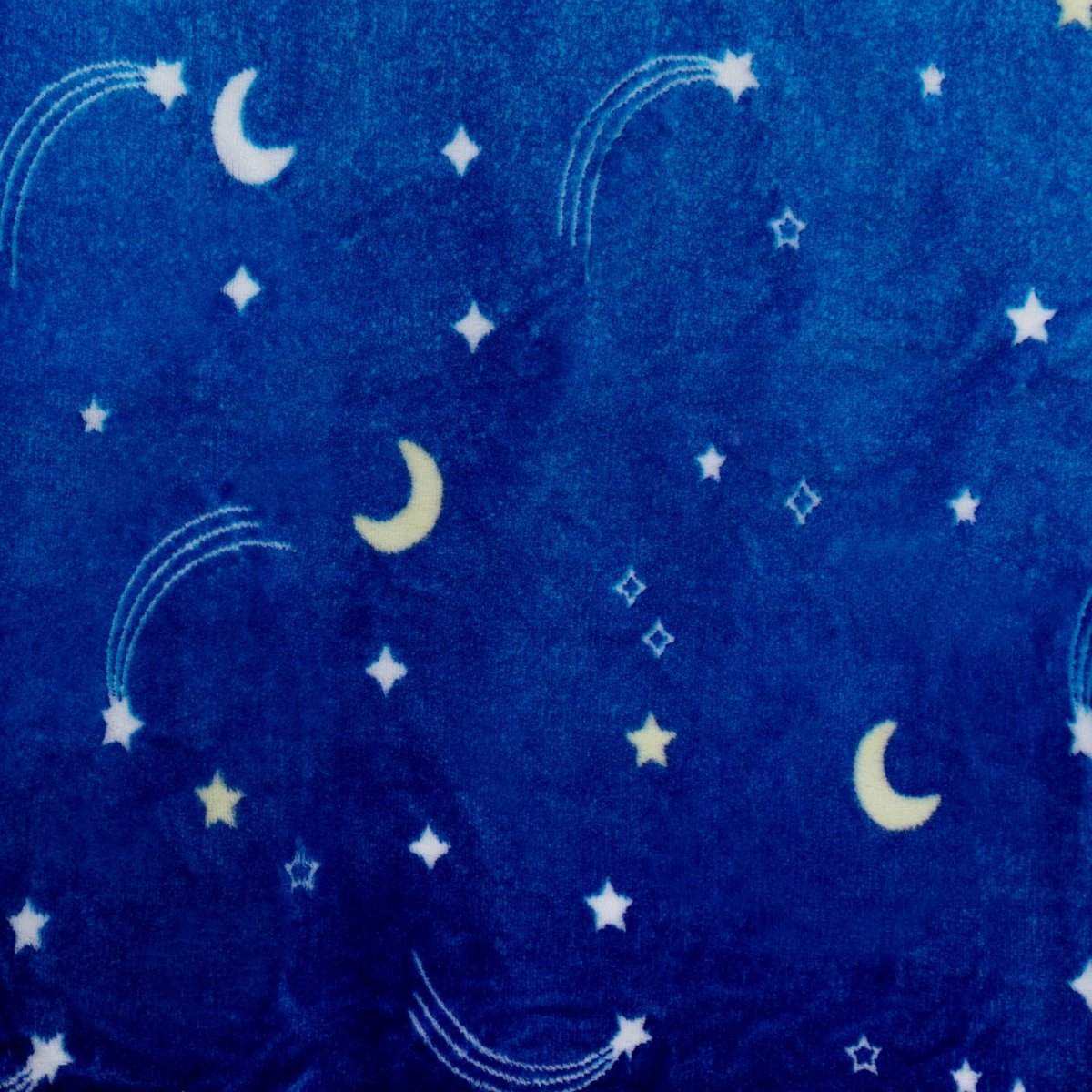 Blue fleece with yellow moons, white stars, and shooting stars creates a night sky theme—perfect as the Hiso the Bat Hooded Blanket and a magical Halloween gift.