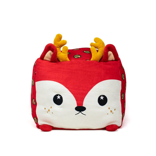 Belle Plushie is a Moosh-Moosh Squared2 square red reindeer with a white face, black eyes, small ears, yellow antlers, and round side patterns—an adorable cartoon-style plush toy for the holidays.
