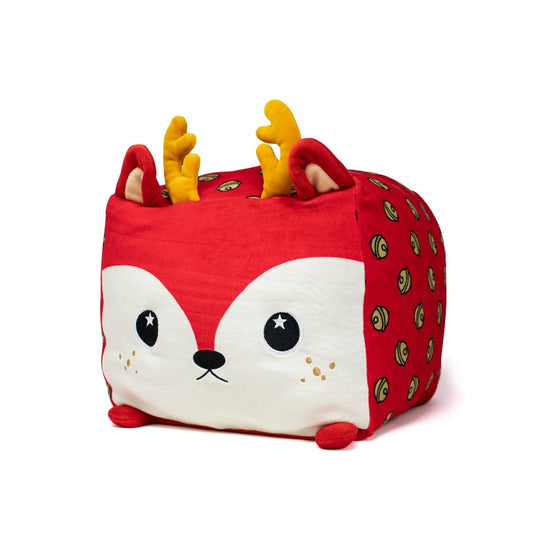 The Belle Plushie is a soft, red, cube-shaped Moosh-Moosh Squared2 reindeer with a cute deer face, antlers, small ears, spotted sides, white facial markings, black eyes, and a small black nose—perfect for the holidays.