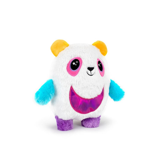 The Panda Bestie Monstah is an ultra-soft plushie with a round white body, yellow ears, blue arms, purple feet, big pink eyes, and a shiny pink smiling mouth shown against a white background.