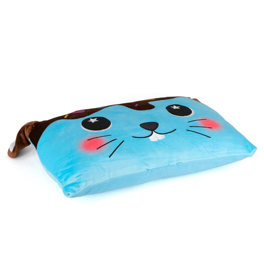 Bitty the Bunny Sleep Pillow is a soft, rectangular blue pillow with a cute bunny face, big starry eyes, whiskers, rosy cheeks, and little ears—ideal for snuggling or adding charm to your holiday décor.