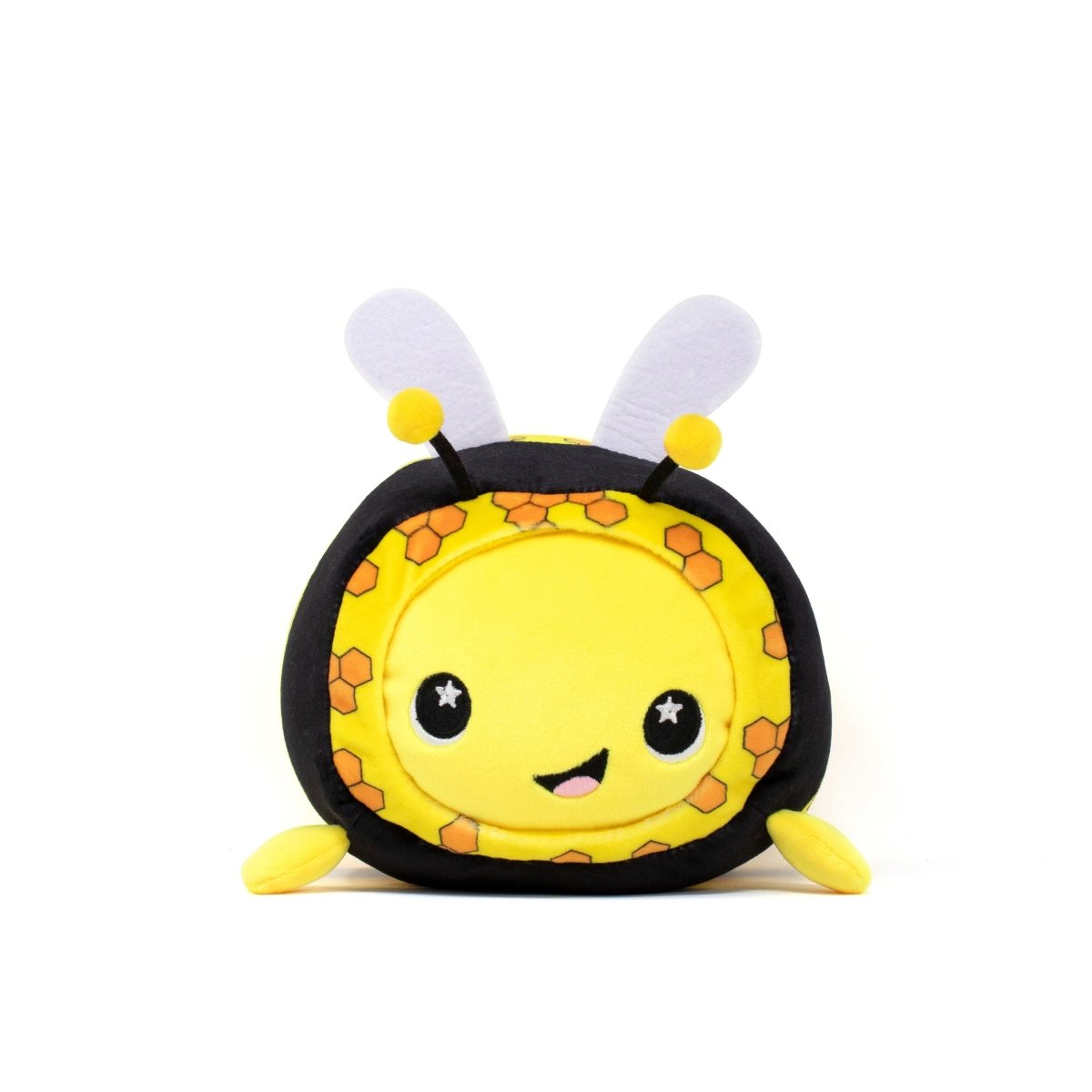 The Vee Slumber Plushie, a round bee-shaped toy, showcases a yellow and black pattern with a smiling face and starry eyes. Featuring yellow wings and small legs, this soft and squishy plush adds charm as it sits against a plain white background.