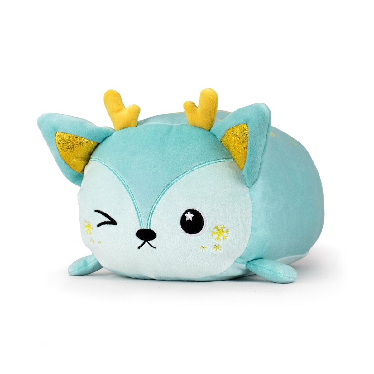 Blitzy the Deer is a round, light blue plush toy with yellow antlers, yellow inner ears, and embroidered details. Made from ultra-soft material, this plushie has one winking eye, a black nose, and small snowflakes on its cheek.