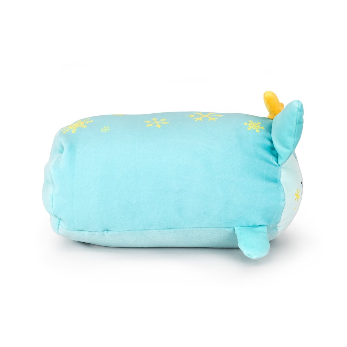 Blitzy the Deer is a light blue, rectangular plush toy made from ultra-soft materials, with small yellow antlers, blue ears, and yellow snowflake patterns on its back, shown on a white background.