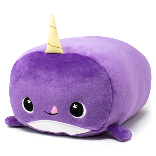 BonBon the Narwhal Plushie is a purple plush toy with a yellow horn, big starry eyes, pink nose, and a smiling mouth. Its soft texture, small flippers, and huggable design make it an irresistibly cuddly companion.