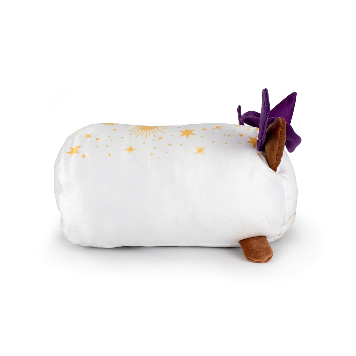 Bridget the Cat Witch is a cuddly plushie pillow shaped like a white log, with yellow stars, a sun, brown feet and ears, and purple felt "horns"—perfect for anyone who loves unique cat plushie stuffed animals.