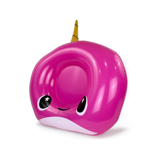 The Bubblegum 32" Inflatable Pool Float, shaped like a smiling pink narwhal with big cartoon eyes, a white belly, and a yellow horn, is perfect for pool parties. Part of the Moosh-Moosh Pool Floaties collection.
