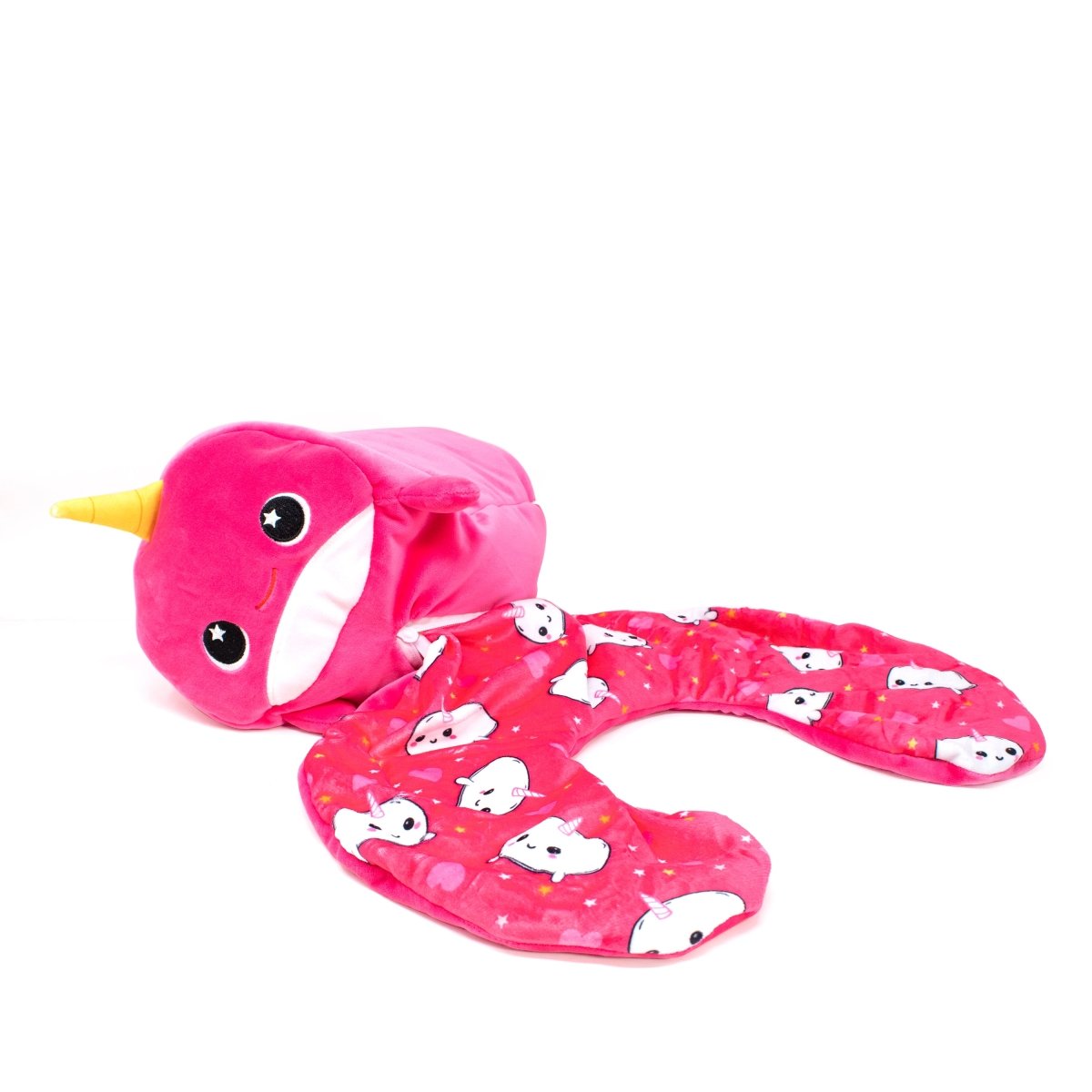 Meet Bubblegum the Narwhal, our award-winning, bright pink travel neck pillow set with a cartoon face. The hood features a yellow "horn" and smiling eyes, while the neck pillow is decorated with white unicorns on a bubblegum-pink backdrop.