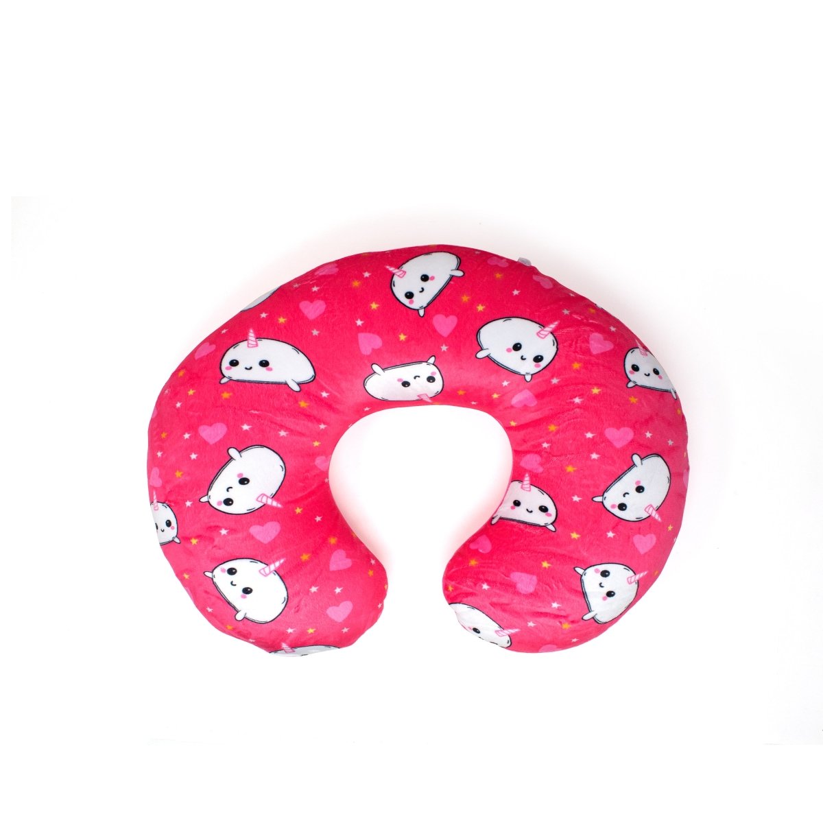 The award-winning Bubblegum the Narwhal 2-In-1 Travel Pillow impresses with its cute cartoon cat faces and pink hearts on white fabric, providing comfort and style on your travels.
