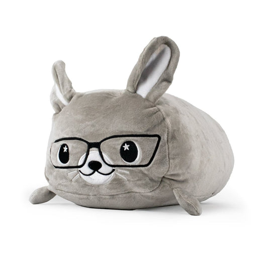Angled view - Grey bunny with reading glasses stuffed animal plushie