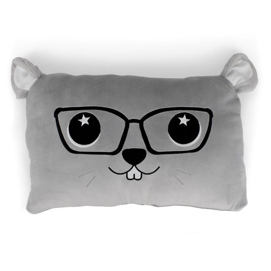 Buttons the Bunny Sleep Pillow is a rectangular, gray cushion featuring embroidered big eyes, glasses, whiskers, smiling mouth with two teeth, and soft ears on each top corner—an adorable animal nap companion!.