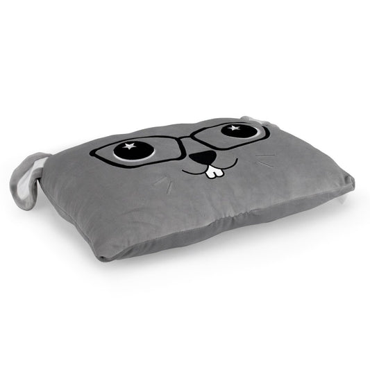 Buttons the Bunny Sleep Pillow is a rectangular gray pillow with a cute cartoon bunny face, large black glasses, starry eyes, a small nose, teeth, and two soft floppy ears—your perfect nap companion.