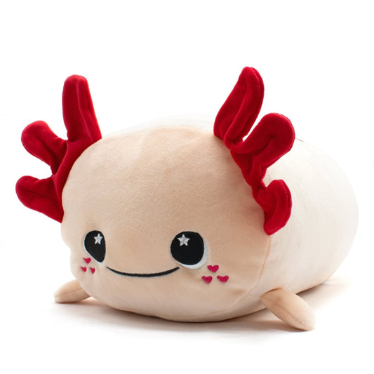 Cael the Axolotl Plushie is an ultra-soft toy with a creamy body, red external gills, a smiling face, starry eyes, and pink blush heart marks on its cheeks—an ideal cuddly companion for Valentine's Day.