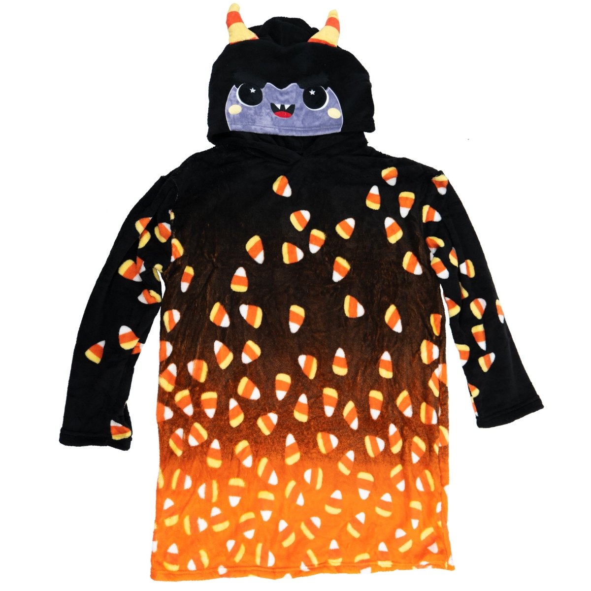 Fang the Monster Hooded Blanket is a black and orange kids blanket with candy corn patterns, a hood featuring a cute monster face, ears, and candy corn horns—perfect for little ones as a cozy Halloween blanket.