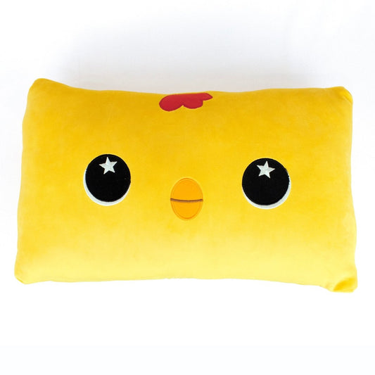 Meet Carl the Chicken Sleep Pillow—a rectangular yellow plush with a cute cartoon chicken face, big black eyes with white stars, orange beak, and red comb. Perfect for cozy naps or festive holiday decorations!.