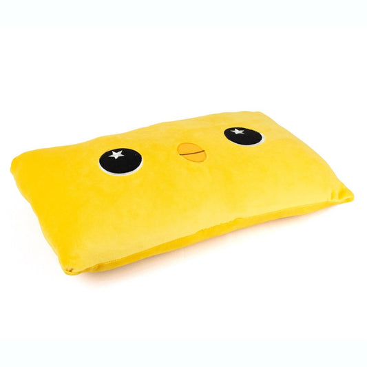 Carl the Chicken Sleep Pillow is a rectangular yellow cuddly pillow with big cartoon eyes with white star highlights and a small orange beak—perfect as a cute chick face for holiday decorations.