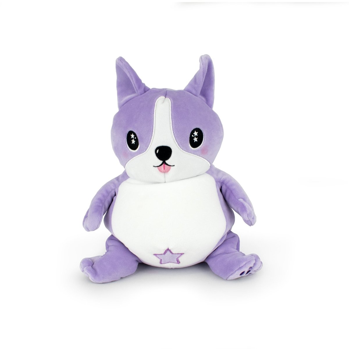 The Starlight Carrie 2-in-1 Travel U-Neck Pillow is a cozy, plush pillow featuring purple fur, a white center, and a star-shaped patch. With big eyes, a pink tongue, and floppy ears, it sits upright against a plain white background.