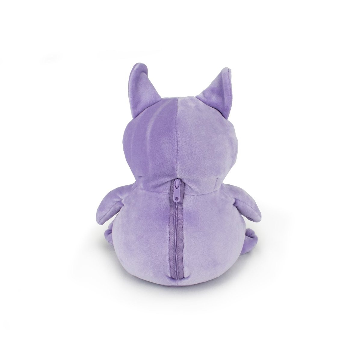 The Starlight Carrie 2-in-1 Travel U-Neck Pillow is a cozy, soft, purple cat-shaped plush item seen from the back. It has two ears, small arms, a visible zipper, and is made from high-quality materials on a plain white background.
