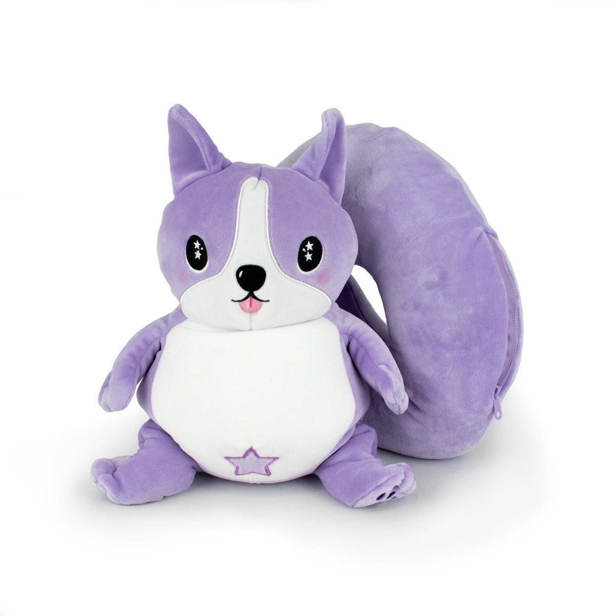The Starlight Carrie 2-in-1 Travel U-Neck Pillow is a plush pillow shaped like a cute purple squirrel with large black eyes, a white belly, star details, and a big curled tail, crafted from cozy, high-quality materials.