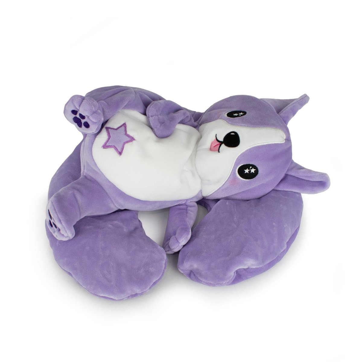 The Starlight Carrie 2-in-1 Travel U-Neck Pillow is a plush, purple cat with a white belly, star patch, and big embroidered eyes. Made from soft, high-quality materials, it offers cozy comfort with pink cheeks and outstretched legs in a pillow-like design.
