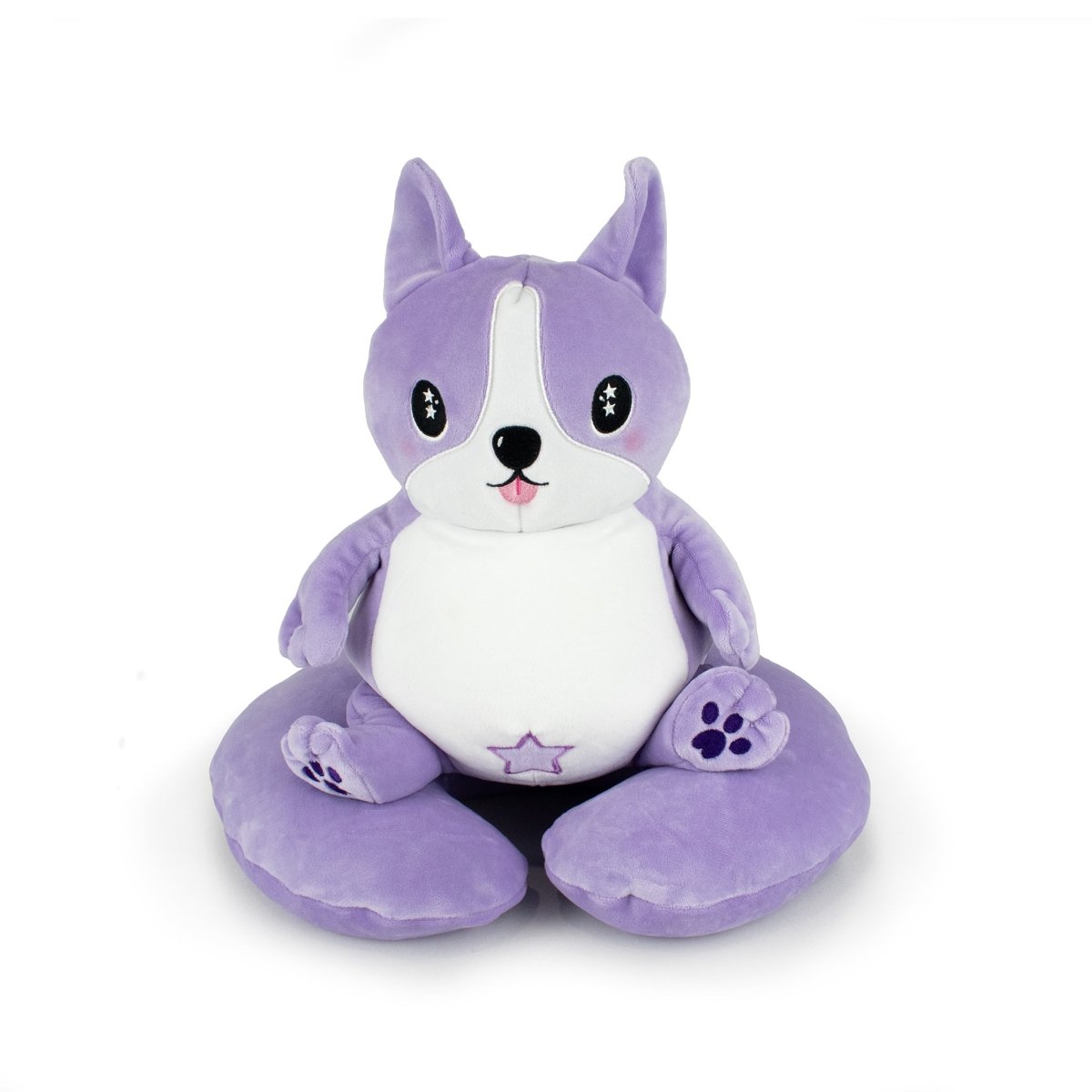 The Starlight Carrie 2-in-1 Travel U-Neck Pillow is a cozy plush shaped like a purple fox with big starry eyes, a white belly, small nose, and a star mark—crafted from quality materials and shown upright against a white background.