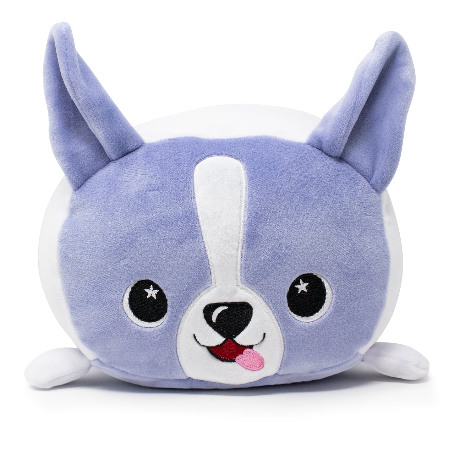 Carrie the Corgi Plushie is a cute, round plush toy resembling a cartoonish purple and white dog with large ears. It features black eyes with star highlights and a small smile with its tongue sticking out, giving it an adorably playful look.