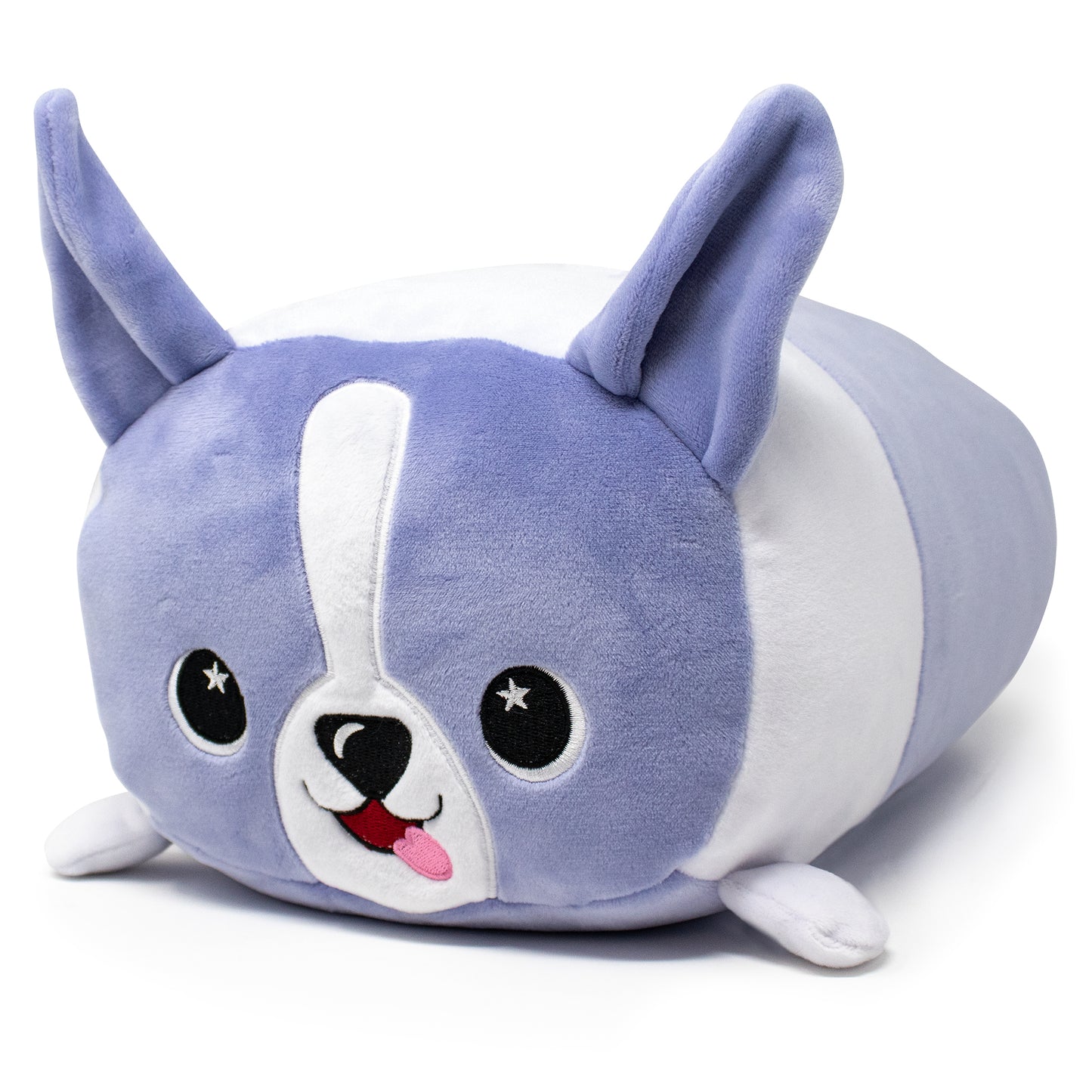 Carrie the Corgi Plushie is a charming plush toy styled as a cute cartoon dog with large ears, starry eyes, and features primarily purple fur with a white face and pink tongue. It's perfect for snuggles and imaginative play.