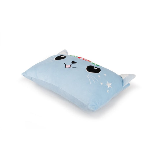 Kira the Caticorn Pillow is a cute, light blue cat-shaped pillow resembling an adorable stuffed animal. It has a smiling face, large black eyes, soft white star designs as ears, and a small red and green bow on top.