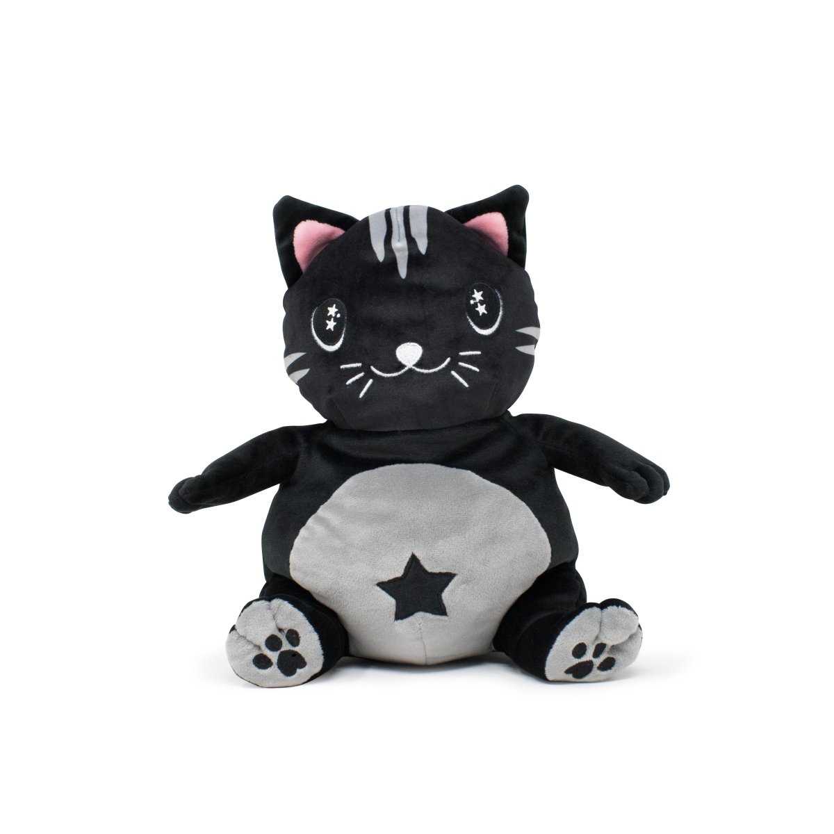 Fortune the Cat Plushie Starlight Buddy is a plush black celestial cat with white chest and paw markings, silver head stripes, a star on its belly, pink inner ears, and sits upright facing forward.