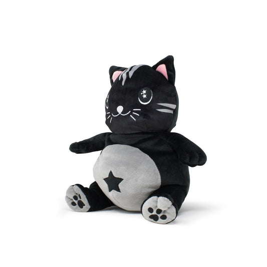 Fortune the Cat Plushie Starlight Buddy features black fur, a round gray belly with a black star, gray-tipped ears, embroidered face, big starry eyes, and gray paw pads. This magical plush sits upright—ideal for whimsical collections.
