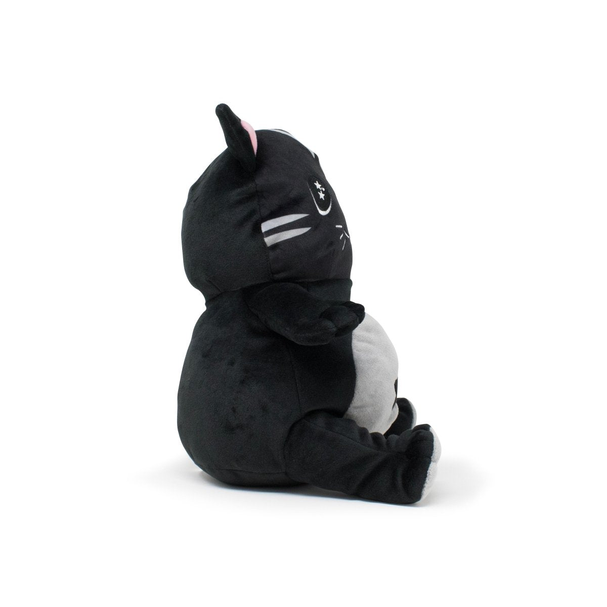 Fortune the Cat Plushie Starlight Buddy from the Moosh-Moosh Spooky Series is a black plush cat with white accents, embroidered eyes, pink inner ears, white whiskers, and a round grey belly. It sits upright on a plain white background.