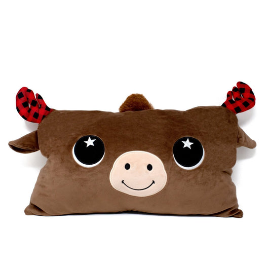 Eduard the Moose Pillow is a cute rectangular plush with a smiling cartoon face, large starry eyes, a light snout, and plaid red-and-black ears like antlers—an adorable addition to any plushie collection.