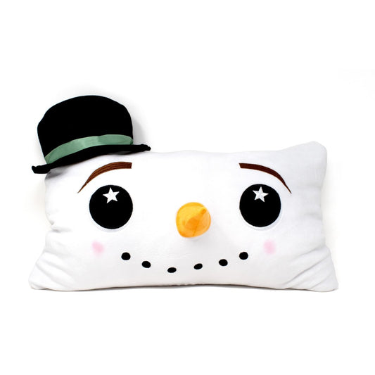 The Jack the Snowman Pillow is a cute, rectangular plush featuring a snowman face with large black eyes, star highlights, an orange nose, and a dotted smiling mouth. It wears a black top hat with a green band, making it an adorable addition to your collection.