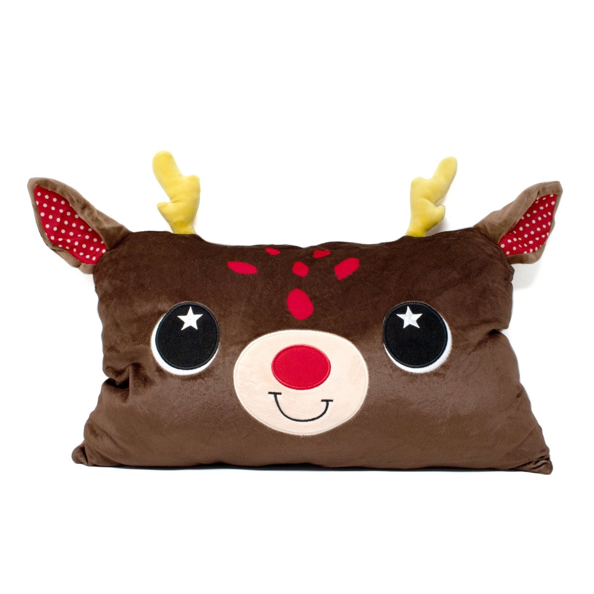 Renolf the Reindeer Pillow is a plush, smiling face pillow with big eyes, a red nose, antlers, and ears lined with red and white polka dots. This soft and festive plushie adds a cheerful touch to your holiday decor.