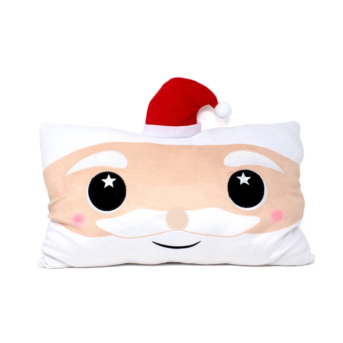 The Santa Pillow is a rectangular plush featuring a cartoon Santa Claus face with starry eyes, rosy cheeks, a white mustache, and red hat—ideal for holiday décor or as a cozy winter companion.