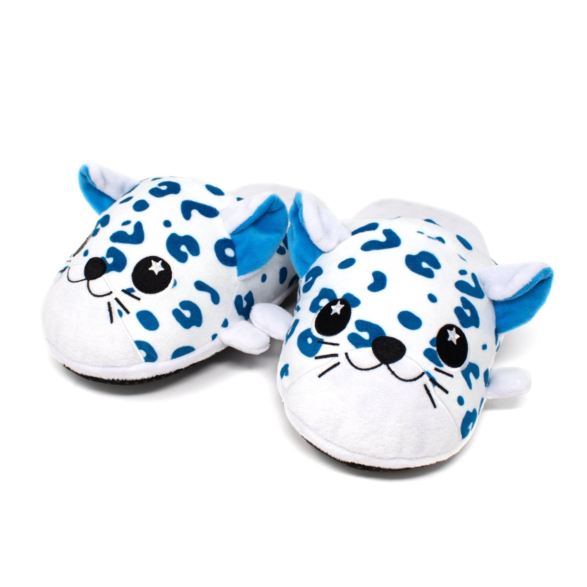 Snowie the Snow Leopard Slippers are plush, non-slip cartoon slippers with blue spots, starry eyes, small whiskers, and blue inner ears.