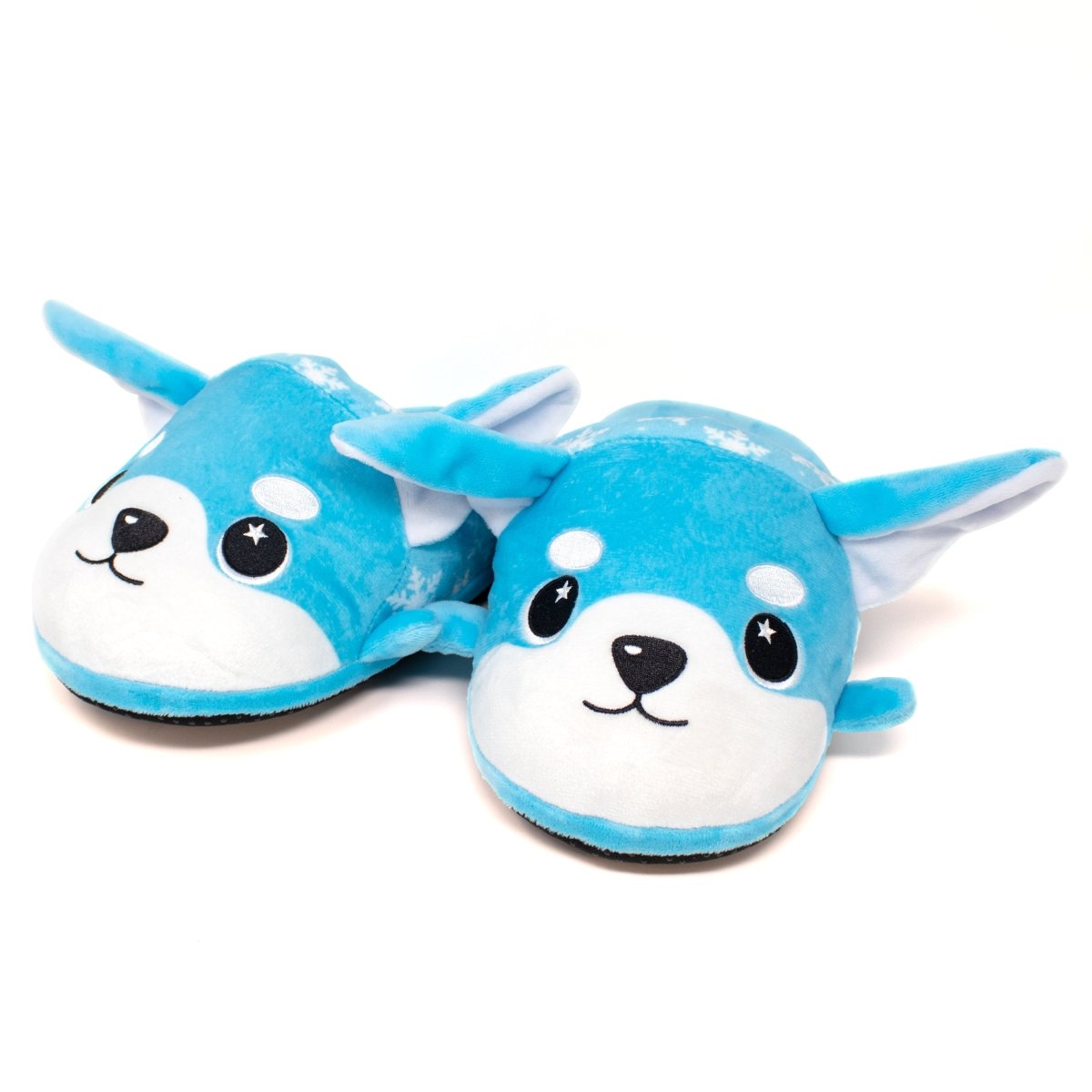 Yuki the Snow Fox Slippers: Blue, plush cartoon animal face slippers resembling soft plushies with big eyes and pointy ears.