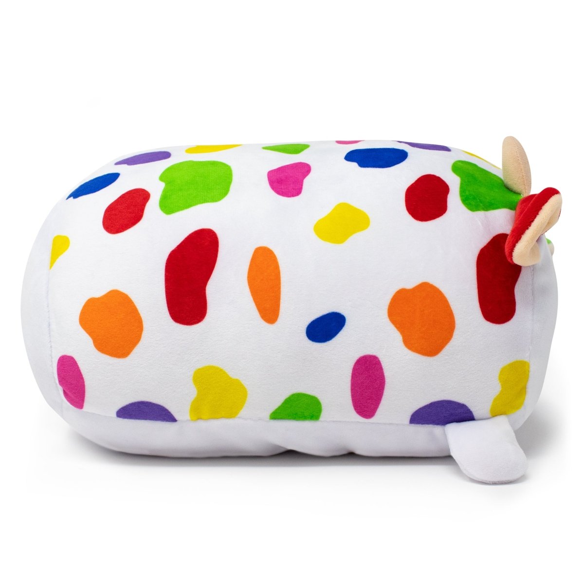 Introducing Clara the Cow Plushie, a cuddly toy with a white body featuring colorful spots, small beige ears, tiny horns, and a short tail. Ideal for collectors and those who value cozy companions.