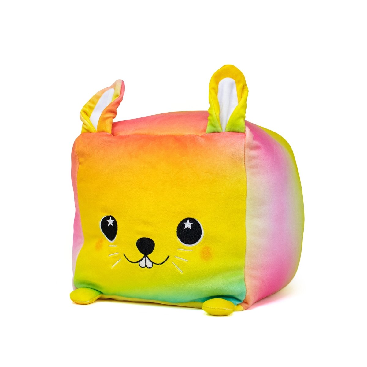 The Coco the Bunny Plushie is a colorful, cube-shaped stuffed toy with a pink-to-yellow-to-green gradient and features a cute face, black eyes, small smile, and two upright ears.