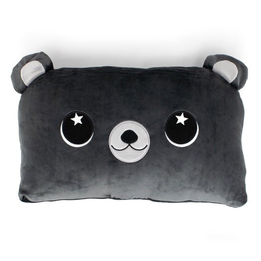 Cody the Bear Sleep Pillow is a rectangular, plush pillow shaped like a cute black bear’s face, with embroidered starry eyes, a small nose, smiling mouth, and two rounded ears on top.