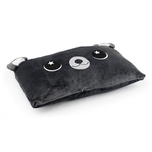 Cody the Bear Sleep Pillow is a rectangular, plush black pillow inspired by a bear’s face, featuring embroidered eyes, nose, mouth, and small gray ears on the top corners.
